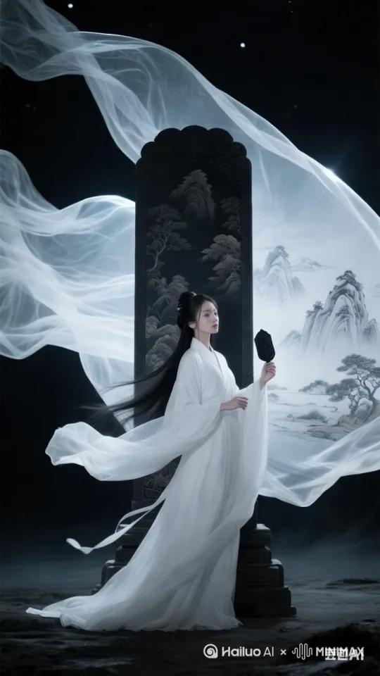 漆黑的夜晚，潜在空中的丝绸，透明的丝绸，逆光，丝绸上的山水刺绣，发光，飘动，迷幻的，传统艺术，东方神秘感，诡异，唯美，寂静。薄如蝉翼，艺术化极简  一个古装白衣美女，手持黑色令牌  衣诀飘飘  背后竖着一个巨大的黑色牌位，旁边一个黑色棺材  散发着神秘的色彩, 全身镜头, 背景光, 暮光, 自然主义, 夜景, 柔焦, 复古风, 梦幻效果, 鸟瞰视角, 黑白。比例 9:16。 by Hailuo AI Video Generator