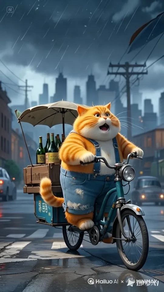 橘猫顶风冒雨骑车行进在路上，他奋力的骑着三轮车，正在运送货物。[右移,左摇,跟随] by Hailuo AI Video Generator