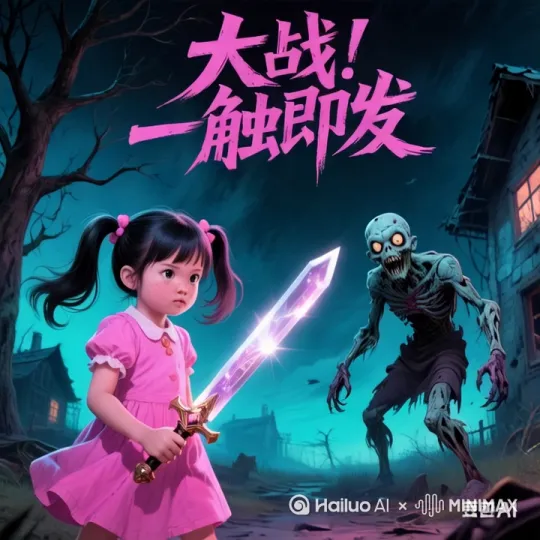 小女孩大战僵尸[推出,上升,下摇] by Hailuo AI Video Generator