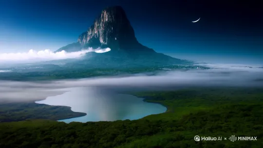 瀛洲，在烟波浩淼的遥远地方，天姥山，在云霞的明灭掩映之间有时候能看见。天姥山高耸入云，连着天际，横向天外；山势高峻遮掩过赤城山。天姥山极为高峻，明月映照下的镜湖。月光照着我的身影，一直送我到剡溪。半山腰上的亭台楼阁内发光，清澈的湖水荡漾，猿猴清啼。我攀登直上云霄的山路。上到半山腰就看见了从海上升起的太阳，无数山岩重叠，山道曲折，盘旋变化不定。奇花异草，怪石林立，令人陶醉。岩中的泉水在震响，云层黑沉沉的，像是要下雨，水波动荡生起了薄薄的烟雾。电光闪闪，雷声轰鸣，山峰好像要被崩塌似的。
仙府洞中蔚蓝的天空广阔无际，看不到尽头，日月照耀着金银做的宫阙。用彩虹做衣裳，将风作为马来乘，云中的神仙们纷纷下来。鸾鸟拉着车。仙人们排成列，多如密麻。暂且把白鹿放牧在青崖间，等到要远行时就骑上它访名山。
所有的描述精细绘成一幅图片，包罗万象，雄伟壮观。 by Hailuo AI Video Generator