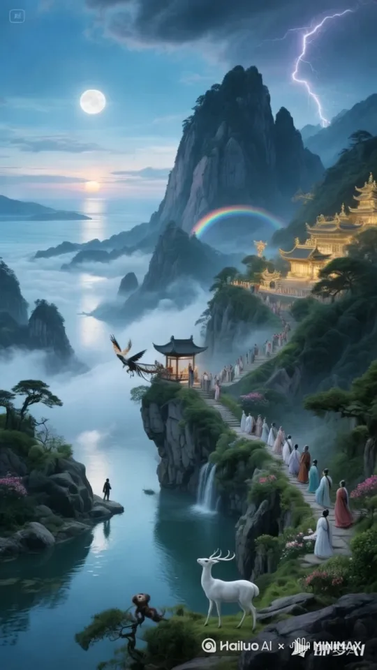 电闪雷鸣,鸟飞兽走,人流匆匆赶路,采用1000fps高速摄影捕捉湍急水流,展现如液态钻石折射阳光的奔腾激流。晨雾中丁达尔光效穿透玄武岩峡谷,水帘撞击前寒武纪岩层迸发珍珠状水花,慢动作镜头定格水滴在空中划出的虹彩轨迹。无人机俯瞰视角呈现千年侵蚀形成的玄武岩地貌,轰鸣水声在峡谷引发低频共振,局部微气候使瀑布上方悬浮着双重彩虹。水流以芭蕾舞者般的精准姿态完成重力加速,部分倒流水珠构成超现实流体雕塑,巴洛克式光影与浪漫主义构图交织,展现如大地血脉奔涌的自然奇观。 by Hailuo AI Video Generator
