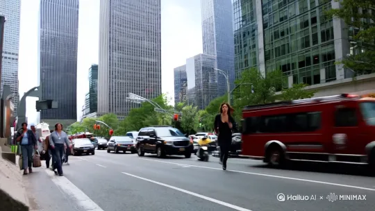 远景是高楼林立的都市，街道上车水马龙，女人站在街道一端，眼神坚定。中景是女人猛然起跑，如离弦之箭般冲向街道，在车辆的缝隙中快速穿梭，脚步敏捷。近景是前方出现一道近两人高的围墙，女人加速冲刺，单脚用力蹬地，高高跃起，双手撑墙，一个利落的翻身翻墙而过 。中景是跑到一栋大楼前，女人借助大楼外的消防水管，快速攀爬，动作流畅。近景是到达大楼中层平台后，面对前方两米宽的楼间距，女人深吸一口气，助跑几步后，奋力一跃，惊险地跳到对面平台。远景是女人在各个屋顶间辗转腾挪，最后飞身爬上最高的屋顶，城市全貌尽收眼底。镜头动态跟随，不变形。 by Hailuo AI Video Generator