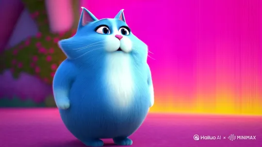 一只蓝色胖胖的猫在粉色背景里说话 by Hailuo AI Video Generator