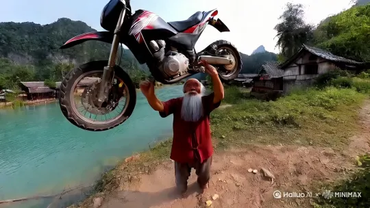 动感十足的纪实挺影风格,第一人称视角(POV)超遠追踪镜头,多角度局示主体的动态,在淮宁静的一个小村庄里,村中有一条清消的小大河。有一个白胡子的老汉手举一辆摩托车,脚下踏着一只鸭子在大河水面上急速向前飞驰,好似在冲浪一股,随后老汉猛地一下用中国功夫纵身空翻盼到顶上,镜头始采用动跟随。运镜紧紧跟随其运动轨迹,镜头动态跟随,不变形。 by Hailuo AI Video Generator