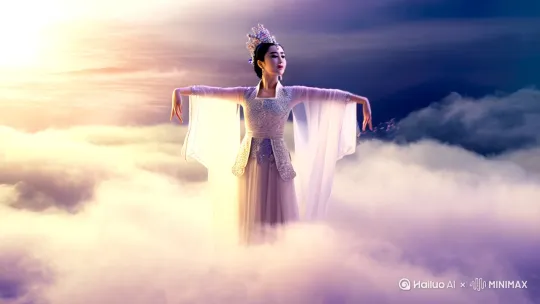 她身着华丽的仙衣，衣袂飘飘，如梦似幻。随着轻柔的仙乐响起，九天玄女缓缓起舞。她的舞姿优雅而庄重，每一个动作都透露出一种超凡脱俗的气质。她时而轻盈地旋转，如同一朵盛开的莲花在风中摇曳；时而翩翩起舞，如同一只灵动的仙鹤在云端漫步。她的手势优雅，手指灵动地舞动着，仿佛在编织着一个个美妙的梦境。她的舞步轻盈而稳健，每一步都踏在仙乐的节奏上，与周围的仙气融为一体。在她的舞动中，仿佛整个天地都被她的仙气所感染，周围的云彩也随着她的舞姿轻轻飘动，为她的舞蹈增添了一份神秘与奇幻的色彩​[左移,上升] by Hailuo AI Video Generator