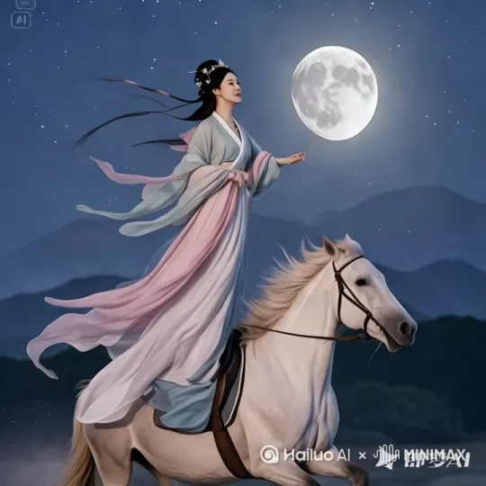 帮我生成一个视频：图片人物要求嫦娥奔月，往月亮上飞 by Hailuo AI Video Generator