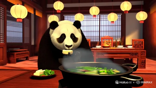 大熊猫和猫咪吃火锅 by Hailuo AI Video Generator