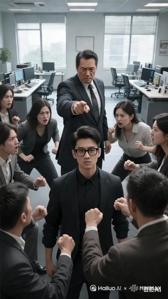 中年人手指戴眼镜帅哥，大喊大叫。周边人冲上去，对戴眼镜帅哥拳打脚踢。场面混乱。 by Hailuo AI Video Generator