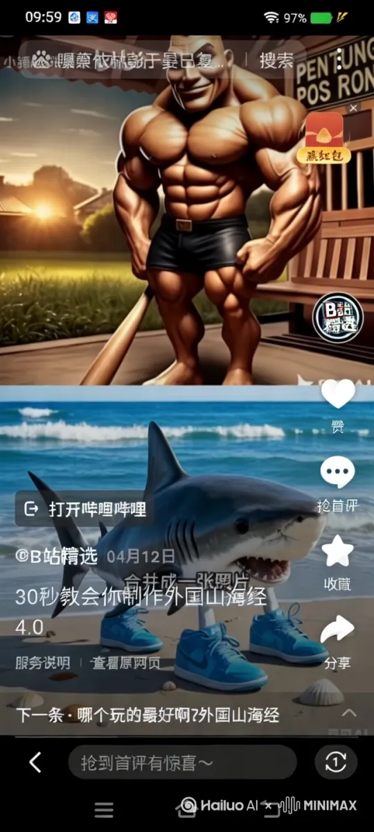 让上让上面的人对下面的鲨鱼发起进攻，鲨鱼还击。最终鲨鱼被打败。 by Hailuo AI Video Generator