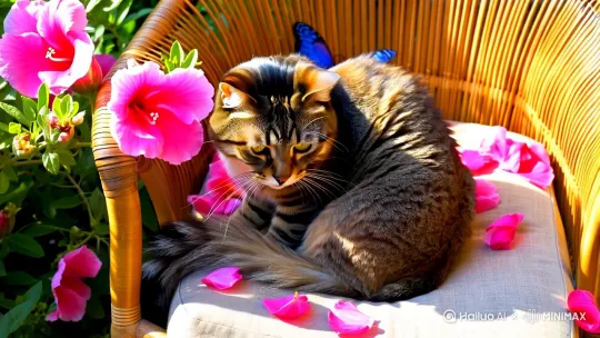 一只田园橘猫蜷缩在藤编扶手椅上，毛绒尾巴自然垂落，胡须随呼吸轻微颤动，亚麻坐垫因猫咪重量微微凹陷
。
椅子周围环绕木槿花丛，粉色花瓣飘落在坐垫、地板及猫咪头顶，花瓣边缘泛着柔光，增强画面呼吸感
 半透明翅膀的蓝闪蝶群以“8字轨迹”在花丛间翩跹，部分蝴蝶停驻在椅背藤条上缓慢扇动翅膀，翅膀磷粉在阳光下折射出淡蓝光晕。
微风拂过时，木槿花枝轻摇，花瓣呈螺旋状飘落，与蝴蝶飞行轨迹形成视觉互动。
光线效果​
午后阳光以45°角透过梧桐树叶间隙，在石板地面投射出光斑，光斑随树叶摇曳产生动态波纹，与蝴蝶翅膀的闪烁形成光影交响。
猫咪身体局部（如耳朵尖、背部轮廓）被高光提亮，绒毛细节清晰可见，腹部阴影采用水彩晕染技法过渡，强化立体感
色彩与风格​
整体色调以暖黄（阳光）、粉白（花瓣）、青绿（枝叶）为主，搭配蓝闪蝶的冷色调形成对比平衡（参考网页10
的庭院配色逻辑）。
采用治愈系水彩风格，背景花丛用湿画法表现朦胧感，前景猫咪与蝴蝶以干笔触勾勒细节，画面边缘适当留白突出主体 by Hailuo AI Video Generator