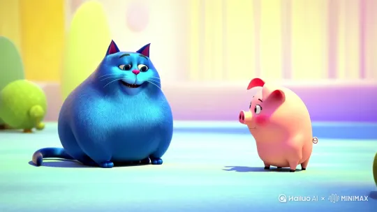 一个蓝色的胖猫，深情的跟一个叫周六的猪讲话 by Hailuo AI Video Generator