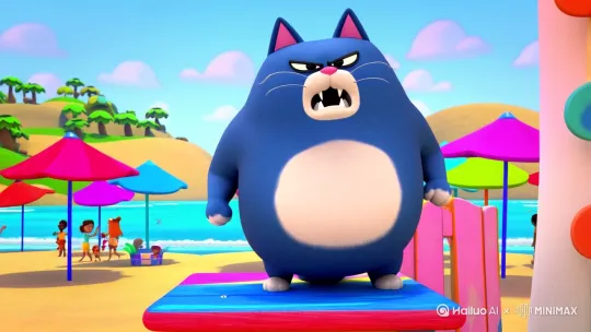 蓝色，嘴巴和肚子一块白色的卡通胖猫站在放假愤怒的把桌子砸碎 by Hailuo AI Video Generator