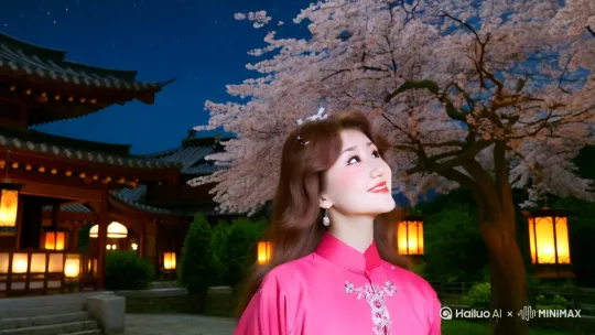1粉色唐装女孩站在中式庭院（亭台楼阁）中，抬头仰望星空，庭院中有灯笼和樱花树，背景是璀璨的星空。 by Hailuo AI Video Generator