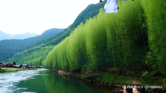 青山綠水竹林遍布的山野，有一條河，河水在輕輕的流動，岸上住有山村人家。突然一位身背宝剑全身武侠打扮的白衣女侠，施展轻功，象羽毛一样从高處飘落在宽淌的河面上，飞身向前，轻身往前纵跳，流动的河面无任何浪花，女侠身影渐渐变小，最后消失在人们的视线中，河岸上的人都看呆了。 by Hailuo AI Video Generator