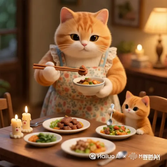 橘猫吗橘猫妈妈把肉夹到自己嘴里，肉放到嘴里后，有嚼肉的动作 by Hailuo AI Video Generator