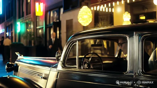 在上个世纪30年代，芝加哥夜总会门口，在一台凯迪拉克汽车。下车 by Hailuo AI Video Generator