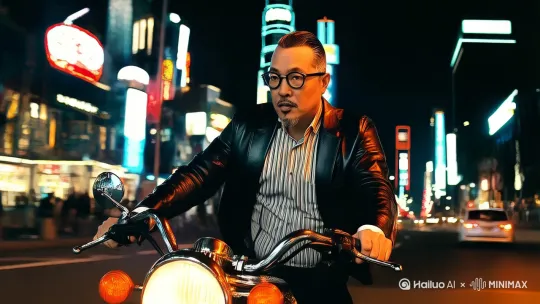 一个男人开着一辆英式复古摩托车。穿梭在上海的夜色里。 by Hailuo AI Video Generator