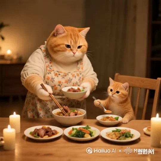 橘猫妈妈把筷子上的肉夹到小猫的勺子上，然后又夹了1块肉夹到自己嘴里 by Hailuo AI Video Generator