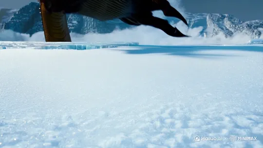编剧剧情
冰面突然龟裂，青铜色龙爪撕裂雪层重重砸下，溅起的雪浪高达 3 米，爪甲缝中滴落的熔浆在冰面蚀刻出焦黑纹路，镜头顺着龙爪鳞片向上攀升。
运镜设计
镜头：地面仰拍（仰角 80°），龙爪入画占满左三分之二画面，爪尖几乎触碰到镜头
音效：冰裂声（80dB）→ 龙爪撞击声（120dB）→ 熔浆滋滋声（高频持续）
视觉冲击
龙爪与人类手掌的尺寸对比（单根爪甲 = 莱昂身高）
熔浆与冰雪的接触反应（白烟升腾形成巨龙剪影） by Hailuo AI Video Generator