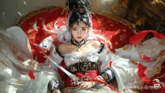 周围的衣裙流光流动。胸脯伴随着呼吸鼓动，眼神跟随摄像机。10秒视频。 by Hailuo AI Video Generator
