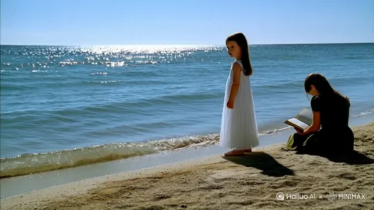 一个穿白色裙子的小女孩在看海边风景，姐姐在沙滩上看书 by Hailuo AI Video Generator