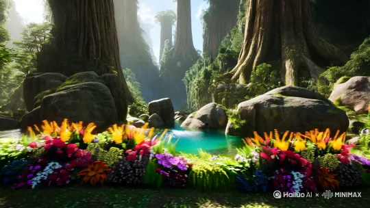 巨木，巨石，溪水，沟壑，奇花异草搭建的大门 by Hailuo AI Video Generator