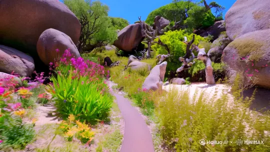崎岖小路，奇花异草，巨石奇石，怪木杂草怪滩[晃动,跟随] by Hailuo AI Video Generator