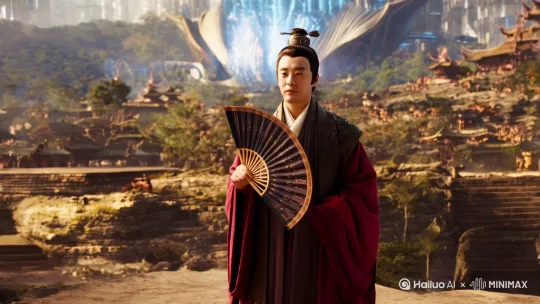 一个世界从古代到机器人时代，李白拿着扇子慢慢变成机器人。 by Hailuo AI Video Generator