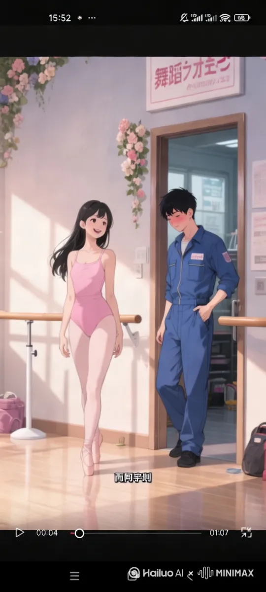 帮我生成一个视频：在舞蹈教室的暖光里，晓悦身着粉色舞蹈服，宛如优雅的精灵。她嘴角挂着甜笑，灵动的眼眸闪烁光芒。一旁的阿宇穿着蓝色工装，微微红着脸，眼神藏着温柔与羞涩。一个是在舞蹈世界翩翩起舞的少女，一个是默默守护的少年，此刻时光静谧，似有懵懂的情愫在空气中悄然弥漫。比例 9:16。[左移,推进,右摇] by Hailuo AI Video Generator