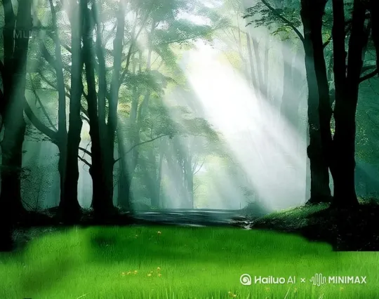 穿过树林斥的了阳光在向左晃动，画面镜头也随光左移。 by Hailuo AI Video Generator