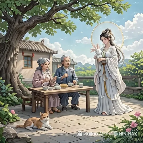 嫦娥指点饭桌，成了一桌酒席。指点房屋，立马成了两层小洋楼。又指点花草，立马成了花园 by Hailuo AI Video Generator