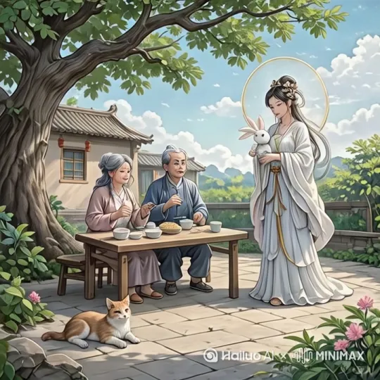 嫦娥指点饭桌，成了一桌酒席。指点房屋，立马成了两层小洋楼。又指点花草，立马成了花园 by Hailuo AI Video Generator