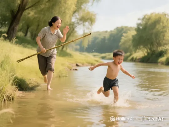 小男孩撒丫子就往河里跑，光溜溜地泡在水里那叫一个舒坦。妈妈老远瞧见，拿着长竹条就来啦，“小兔崽子，快给我上岸！”可小男孩嘻嘻哈哈就是不上。童年啊，总是充满这样的欢乐与“小惊险” by Hailuo AI Video Generator