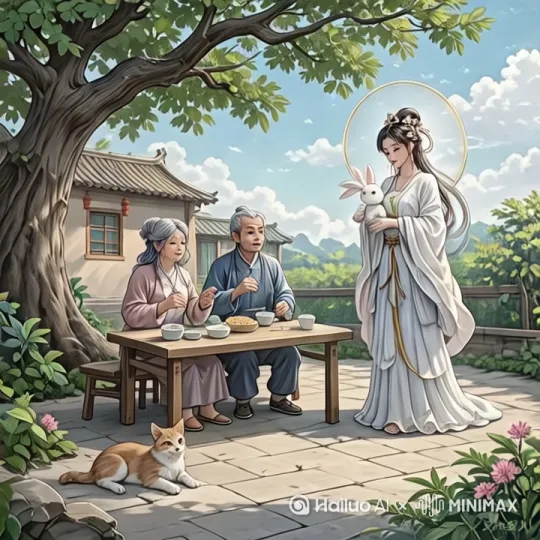 嫦娥指点饭桌，成了一桌酒席。指点房屋，立马成了两层小洋楼。又指点花草，立马成了花园 by Hailuo AI Video Generator