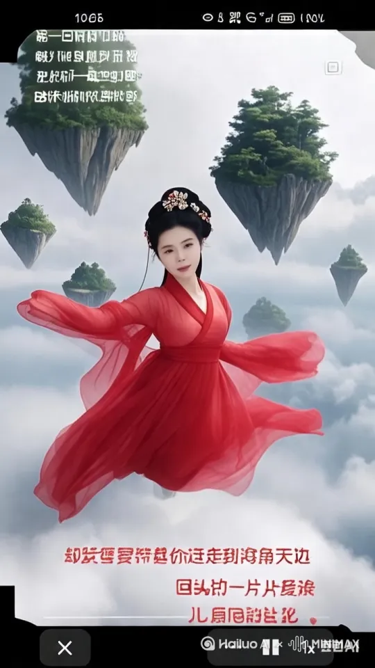 :图画中美女容貌不变,衣服换成红色薄如蝉翅的大袖口古装,发饰精致,微笑
垂直飞行
、快速水平跟踪镜头移动,无人机视角,一个超现实的高速梦境序列,相机紧密跟踪,相机从略高位置到俯视角紧密跟踪,从下方向上方快速移动到云层上面飞行,下面有云海,悬浮岛瀑布,悬浮岛,古代建筑等等,随着角色迅速穿越场景,环境是动态的,快速变化,快速到在空中滑行,头部向上捕捉快速垂直飞行模糊和光系增强了速度感和流畅感快速移动。
2、美女向画面上方飞去,身体成垂直状态,往天空上方飞行,风吹动着头发和衣服,摄像机镜头跟着人物移动。图片风格为写真 by Hailuo AI Video Generator