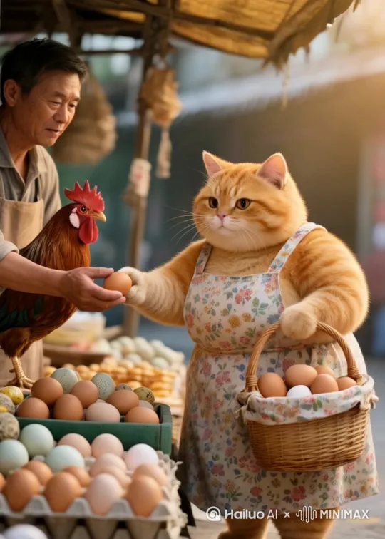 橘猫把老板手里的鸡蛋拿走，然后放到自己的篮子里，然后准备离开摊位 by Hailuo AI Video Generator