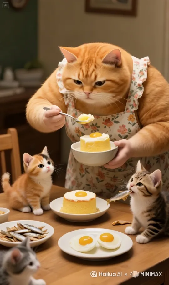 大橘猫弯腰猫把右手勺子里的鸡蛋糕喂给下面桌子上的橘色的小猫嘴里，橘色的小猫嘴张开接过大橘猫送过来的鸡蛋糕 by Hailuo AI Video Generator