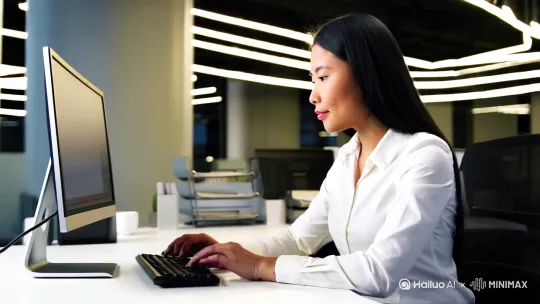 现代办公室内一名身穿白衬衫的亚洲女会计在办公桌上用电脑算账[左移,右摇,跟随] by Hailuo AI Video Generator