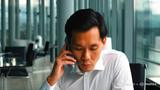 现代办公室内一名身穿白衬衫的中国男会计在用电话和客户沟通，仰拍[下降,上摇] by Hailuo AI Video Generator