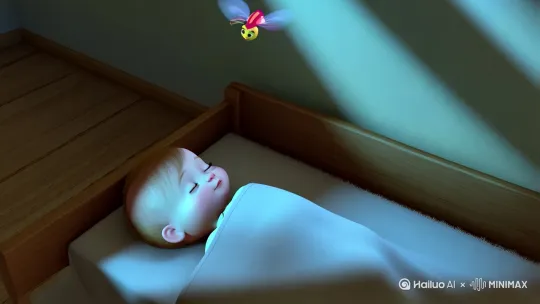 卡通版小蚊子，晚上在有宝宝睡觉的房间飞 by Hailuo AI Video Generator