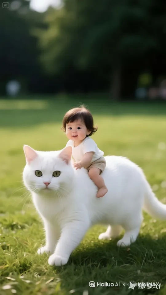 猫在前面跑，小孩开心的微笑着，镜头环绕小孩，从小孩的前面绕到小孩的背后，跟踪拍摄 by Hailuo AI Video Generator