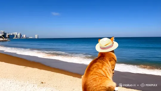 戴着帽子的黄色橘猫在三亚海边度假，左右运镜 by Hailuo AI Video Generator