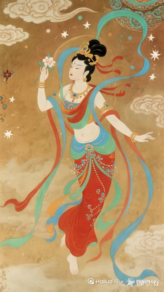 画中人变成写实真人风格的人物，背景场景不要变，然后人物从画中缓缓的从画中走出来，步伐轻盈，衣袖随风飘摆，绕了个圈，找到凳子前面，坐了下来，背景场景不变 by Hailuo AI Video Generator