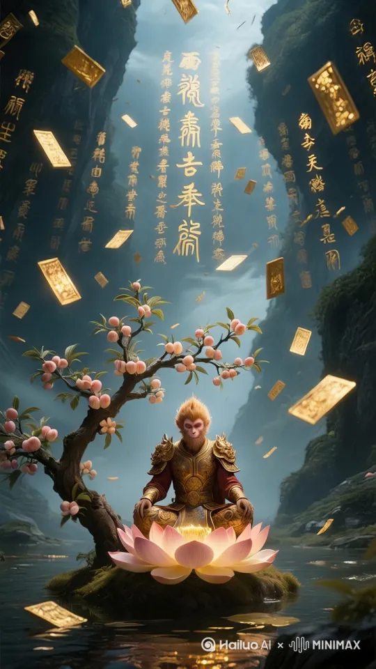 孙悟空在莲花上打坐冥想，随风飘动的金子符文，自然飘动，自然丝滑[右移,左摇,跟随] by Hailuo AI Video Generator