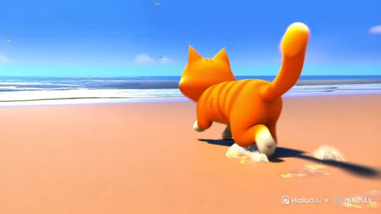 橘猫的冒险
场景：
橘猫在沙滩上漫步，留下小小的脚印。
橘猫在海边玩耍，尝试用爪子触碰海水，水花溅起。
橘猫发现了一只小螃蟹，兴奋地追逐，螃蟹快速逃跑。
动作：橘猫的动作要显得活泼可爱，追逐螃蟹时表现出急切和兴奋。
字幕：橘猫在沙滩上留下了自己的足迹，还遇到了一个小伙伴。
背景音乐：保持轻快的音乐，加入一些自然音效（如海浪声、鸟鸣声）。 by Hailuo AI Video Generator