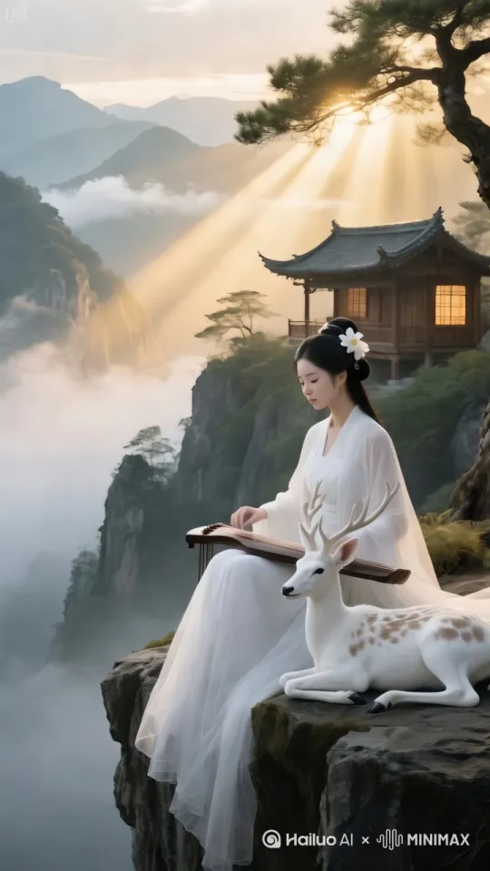 - 画面元素：同图片元素，动态化处理——阳光光束缓缓移动，云雾随风轻流，女子指尖抚琴时衣袂微扬，仙鹿偶尔抬眸，镜头从全景（展现悬崖、小屋、山峦）渐推至女子与琴的特写，再拉远营造空间感。
​
- 配乐与音效：古琴弹奏的空灵旋律，风声、松涛声（轻柔），增强意境沉浸感。
​
- 节奏与风格：舒缓节奏，镜头切换自然，色调偏暖（金色阳光、木质暖调、白色服饰与仙鹿的纯净感），全程营造“仙山抚琴，鹿伴云闲”的古风诗意氛围。 by Hailuo AI Video Generator