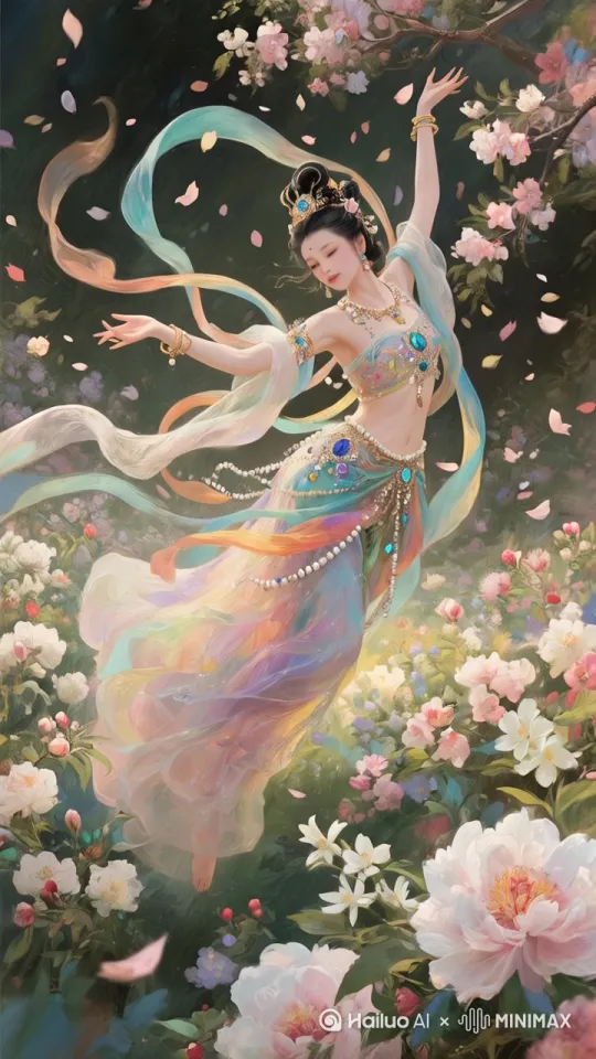 270度旋转运镜，近处远处全是花海一片，霞光满天，舞者花海飘飘起舞，奔月亮向上飞行，空中飘落满天花絮，场面非常唯美，场景色彩丰富饱满 by Hailuo AI Video Generator