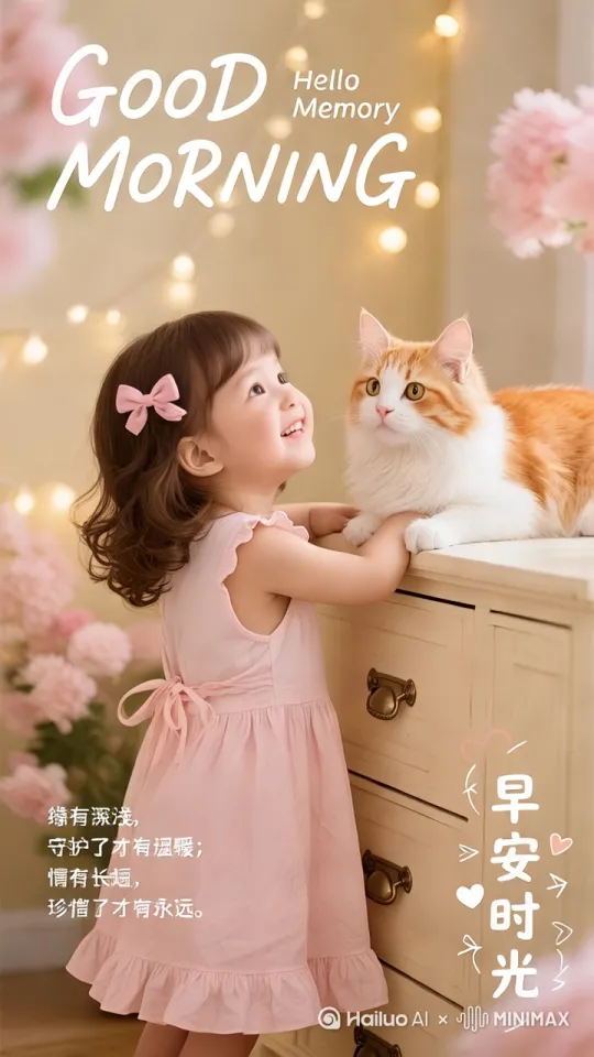 画画面里都要动起来，小美女与小猫互动交流。[右移,跟随] by Hailuo AI Video Generator