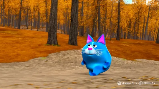3D动画风格，画面主体是一只蓝色的胖猫，耳朵内侧为粉色，有着白色的胡须和粉色的鼻子。场景“在秋天的黄石公园，秋瑟萧风今又是” by Hailuo AI Video Generator