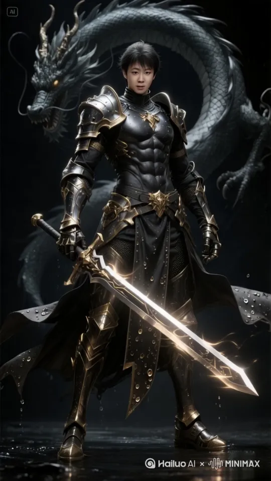 整体背景设定九天之上乌云雷电之间，人物做干净利落的武术剑术动作，那条龙随着人物的武术动作围绕人物飞舞，人物动作和龙的飞舞彼此和谐交融，人物加入临兵斗者皆阵列前行的道家九字真言手势，做手势时人物手中的剑变成相对的真言文字，每个真言手势做成给予手势和文字一起的特写镜头，人物的九个真言动作配合着人物眼神表情有远近全身或者局部的定格特写镜头，要求动作镜头凌厉大气，有流畅和好看的武术剑术动作[晃动] by Hailuo AI Video Generator